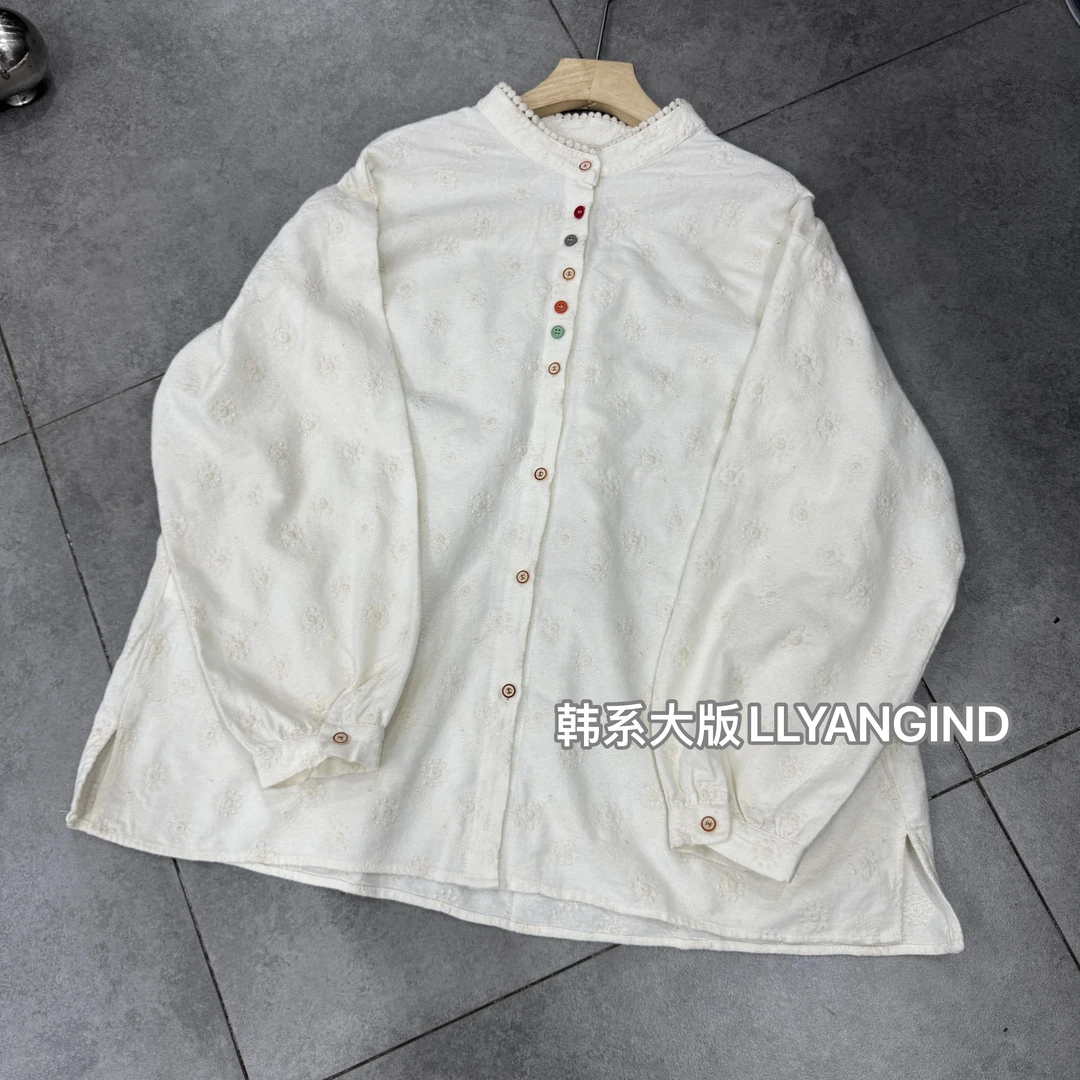 豆粒小太阳25年秋冬韩系宽松大版磨毛加厚打底刺绣立领衬衫衬衣女