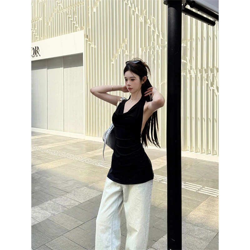 2025夏季新款chic网红纯欲荡领露背挂脖吊带背心女配高腰牛仔裤女