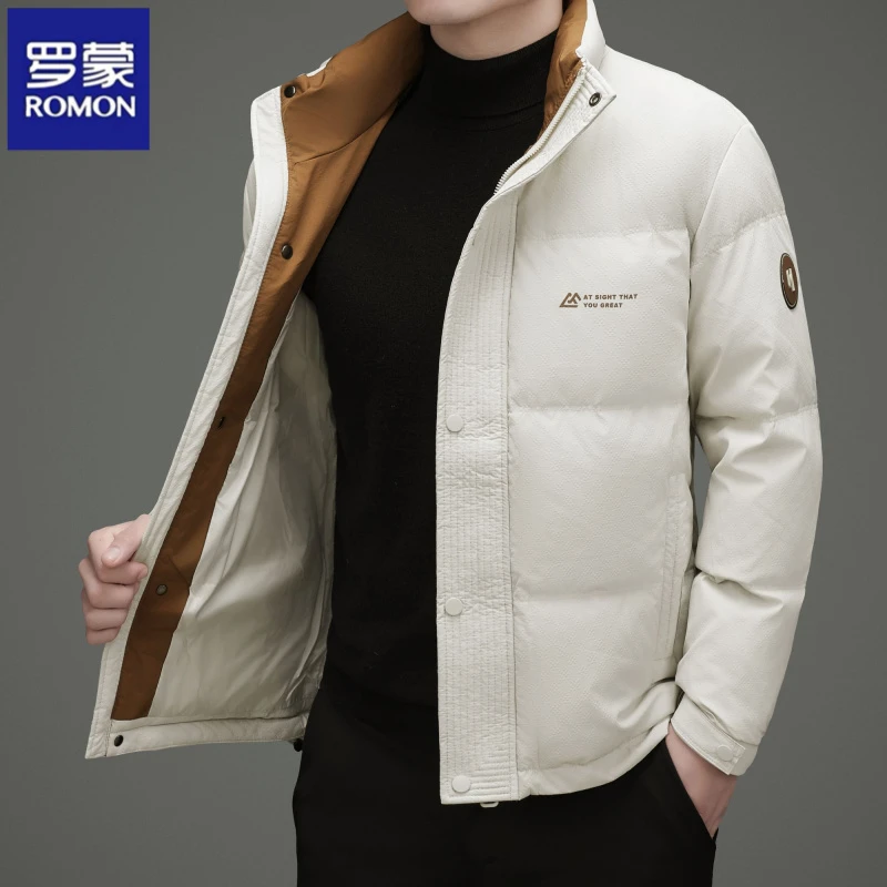 罗蒙2025年冬季新款男士羽绒服立领加厚休闲简约白鸭绒外套