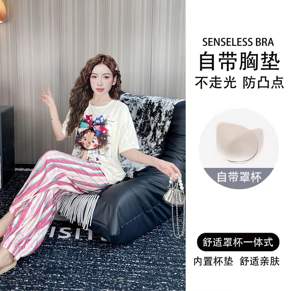 带胸垫夏季提花冰丝睡衣女短袖薄款三件套宽松卡通家居服套装夏天