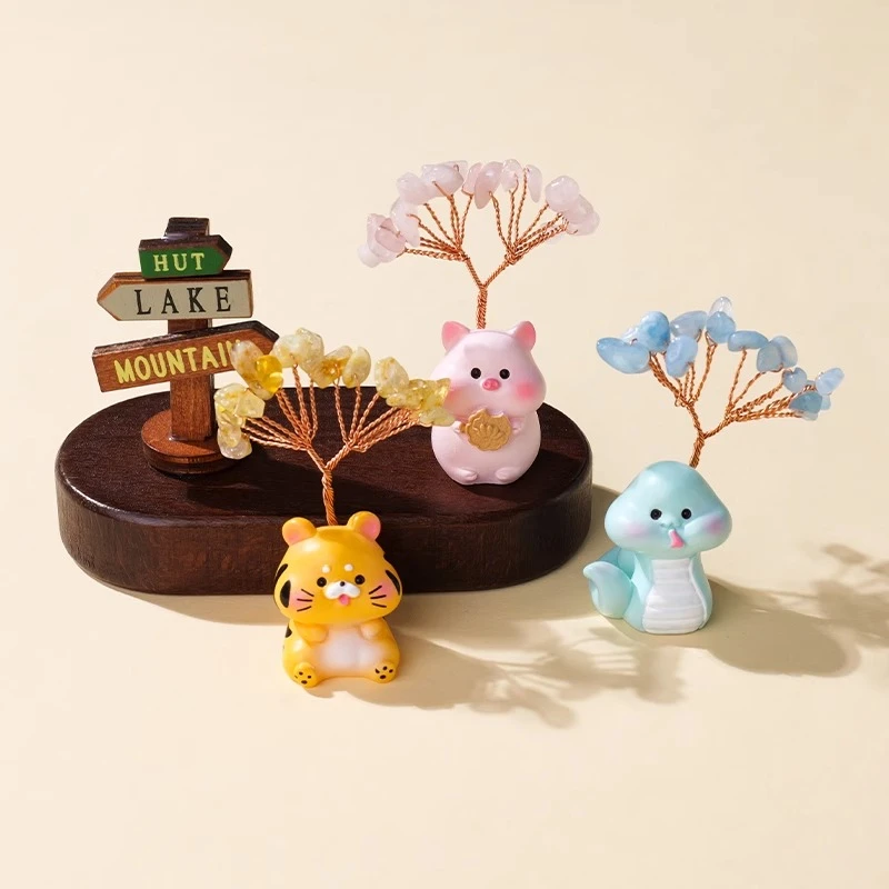 天然水晶发财树十二生肖迷你水晶摇钱树汽车中控台小摆件车载摆件