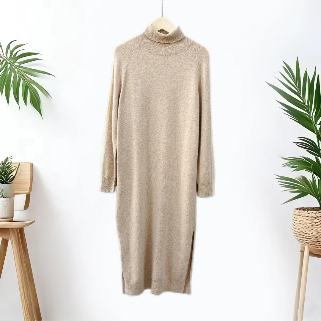 玲姐定制-撞色装饰边插肩袖双边开叉设计法式气质针织长裙562717