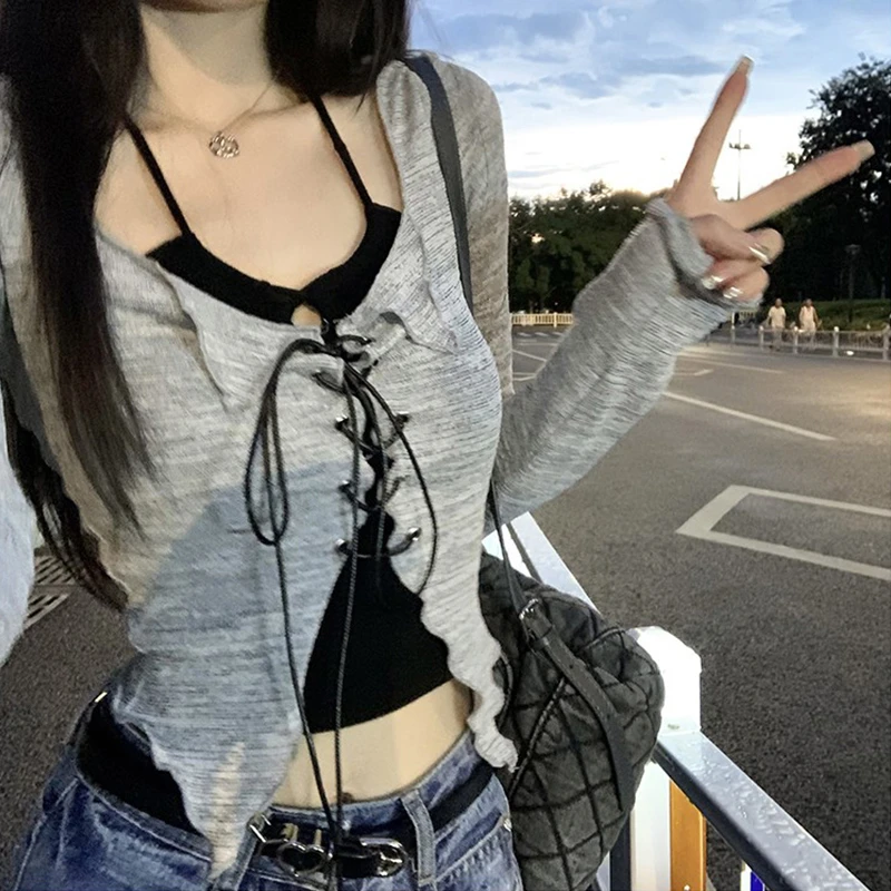 美式纯欲甜辣妹长袖上衣V领防晒罩衫女春秋吊带chic时尚两件套装