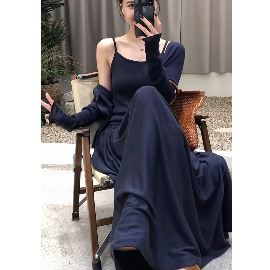 慵懒风松弛套装女2025早秋开衫背心半身裙三件套韩风chic一整套潮