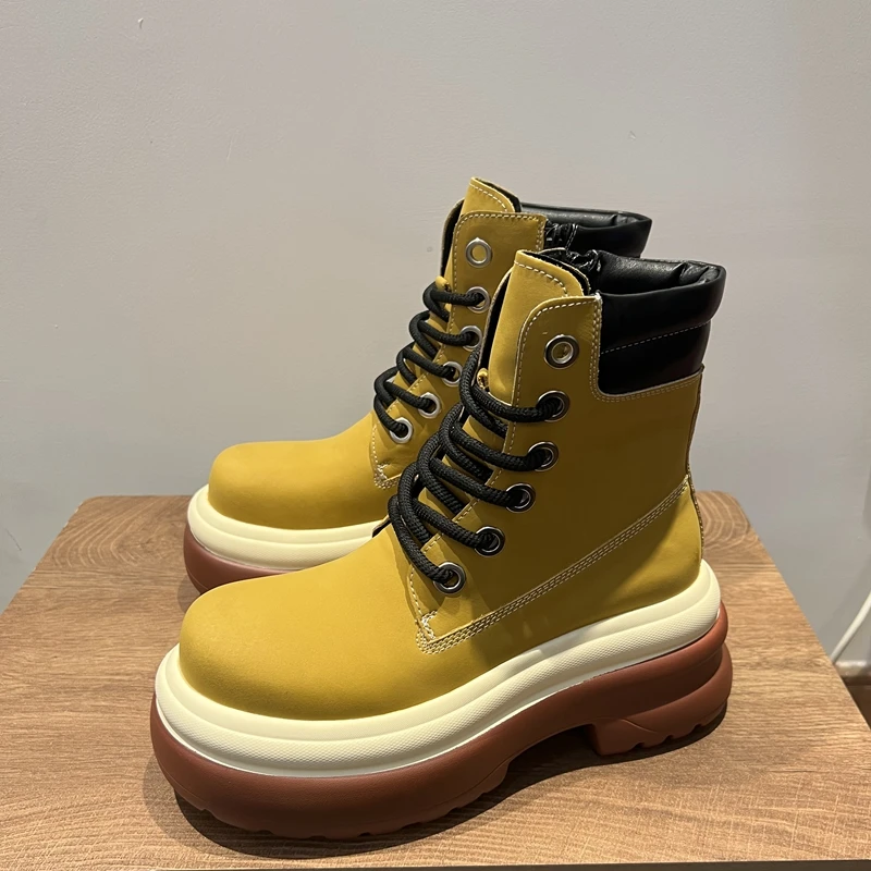 2024秋冬季新款增高9cm高帮大黄靴厚底马丁靴厚底复古英伦风靴子