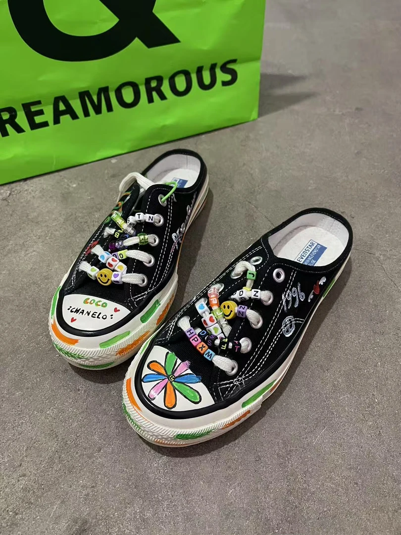 夏季新款原创手绘AB款串珠个性小众帆布鞋拖百搭经典款潮鞋