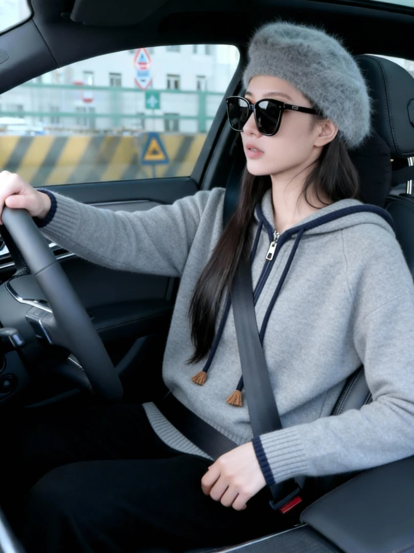 韩系灰色慵懒风气质连帽针织衫女秋冬新款休闲百搭宽松显瘦上衣潮