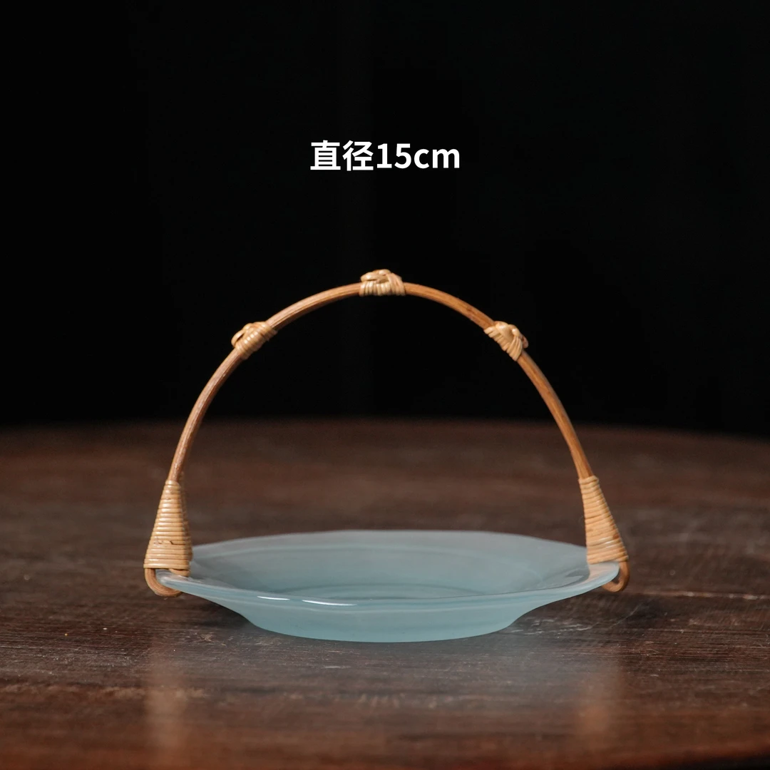 【波浪青绿云彩盘】中式琉璃托盘点心盘陶瓷竹藤提手果篮茶几水果盘