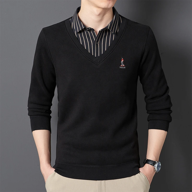 冬季保暖毛衣男加绒加厚假两件青年男士衬衫领套头修身针织衫