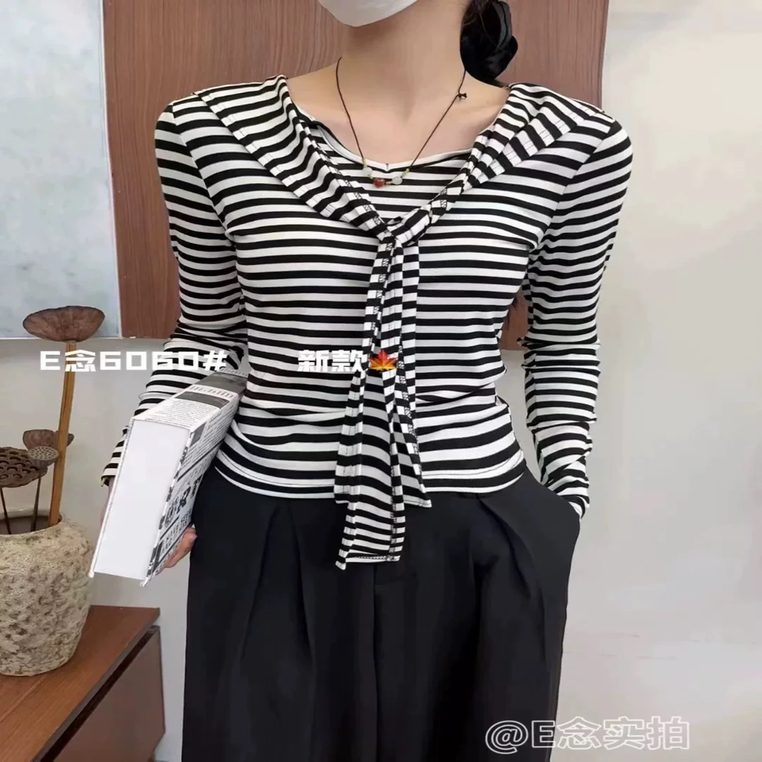 E念6060秋季新款韩系时尚chic假两件长袖T恤女修身显瘦打底衫上衣