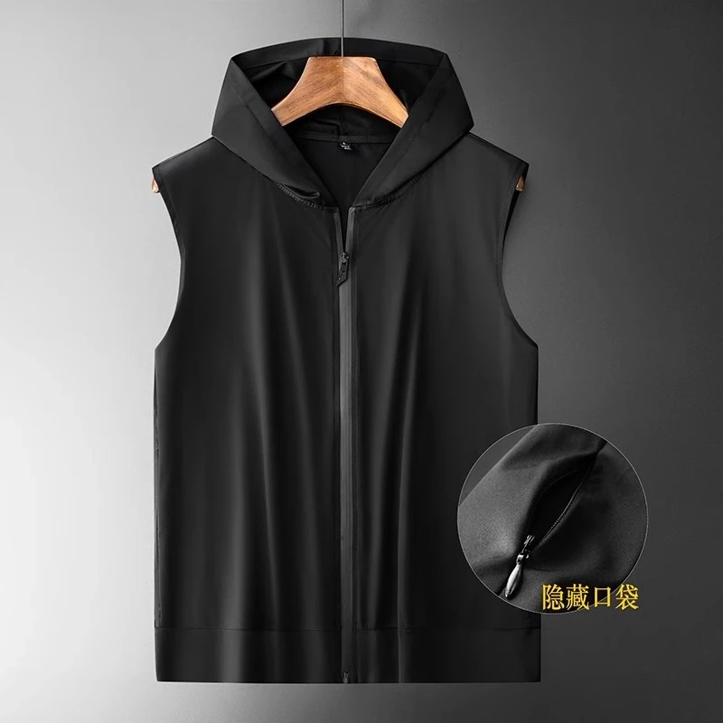 夏季冰丝款轻薄透气速干运动背心男跑步健身休闲百搭连帽开衫背心