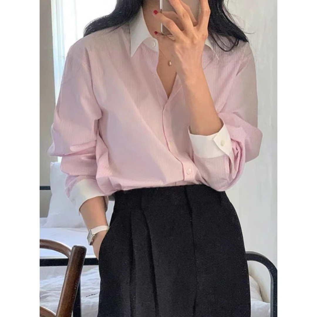 1韩系设计感拼色条纹衬衫女春款上衣蓝色长袖通勤百搭