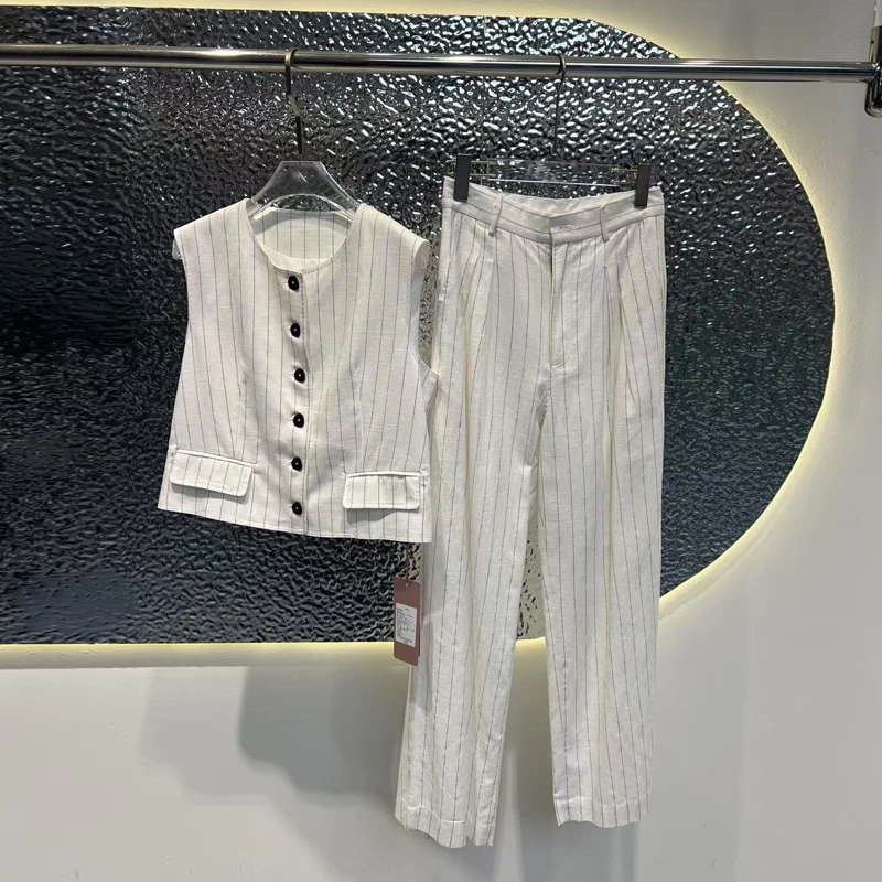 50%亚麻 夏季老钱风套装女 时尚干练条纹马甲西裤两件套 846