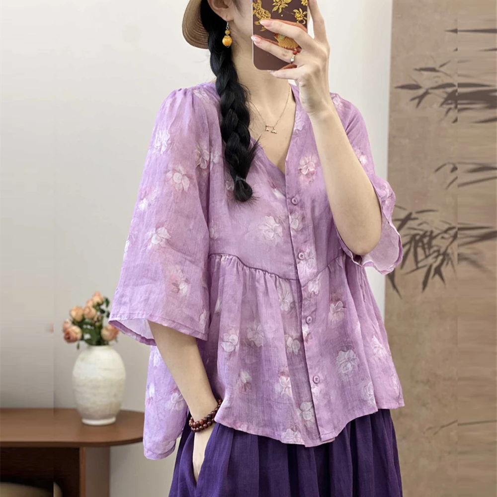 8079苎麻上衣衬衫女2025春夏新款百搭宽松显瘦复古V领印花小衫