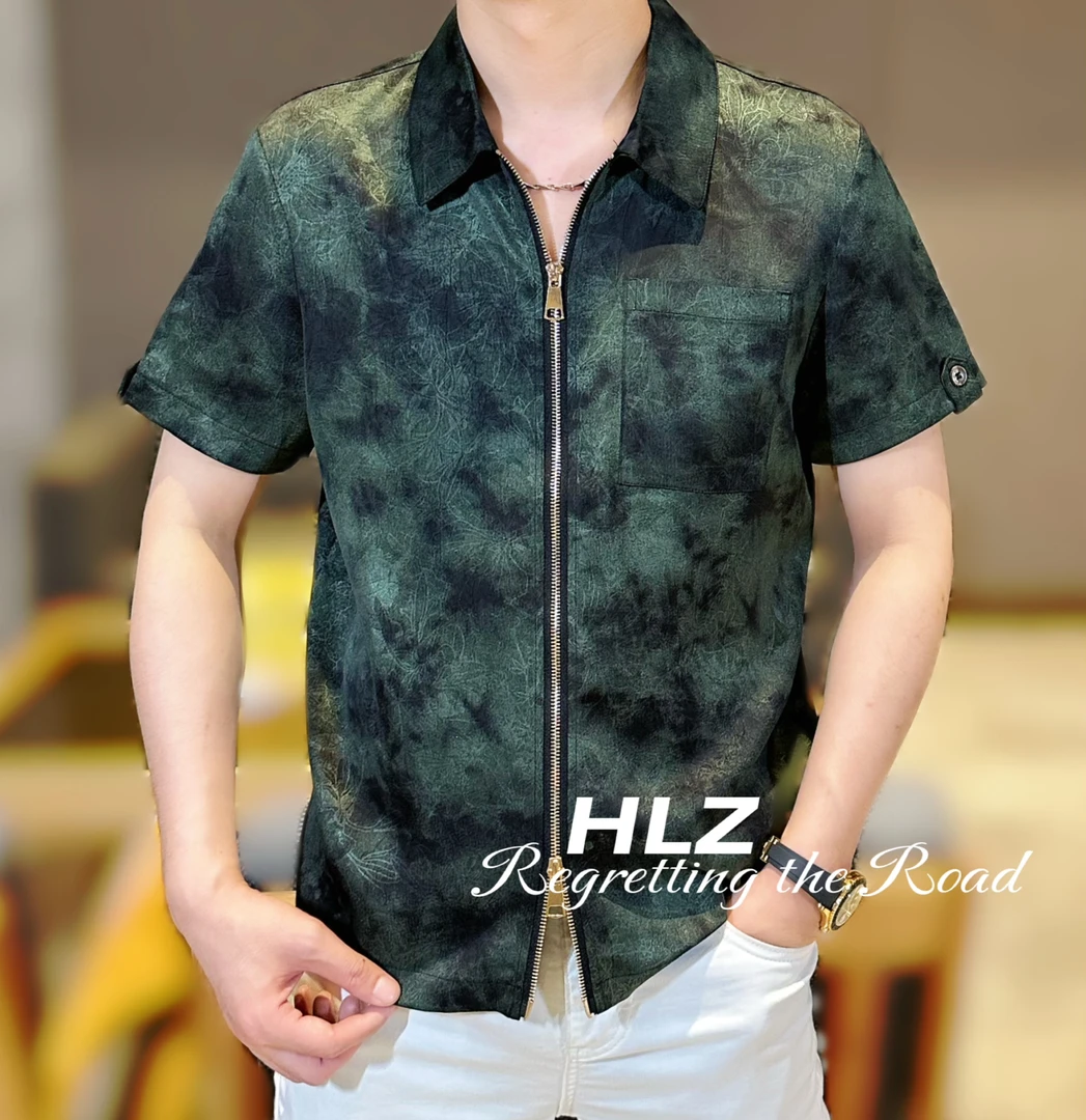 2025夏季新款修身男士休闲个性时尚个性纹理印花双拉链短袖衬衫