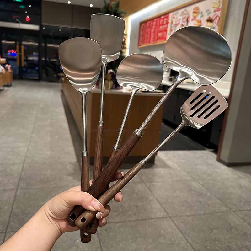 304不锈钢锅铲胡桃木蘑菇铲家用铲厨房炒菜铲防烫烹饪铲勺厨具