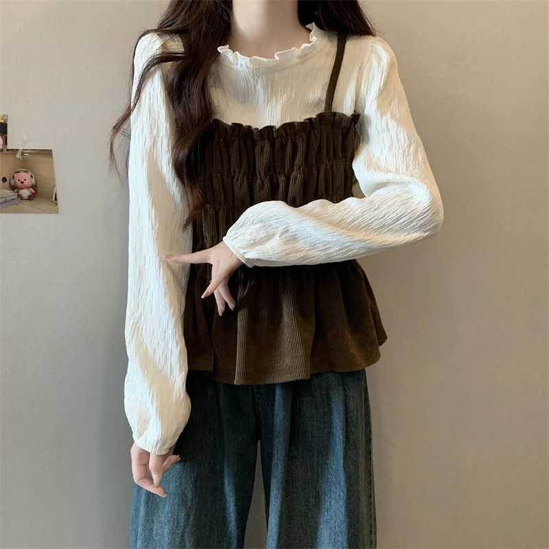 大码女装遮肚子灯芯绒假两件小众衬衫女春秋胖妹妹显瘦荷叶边上衣