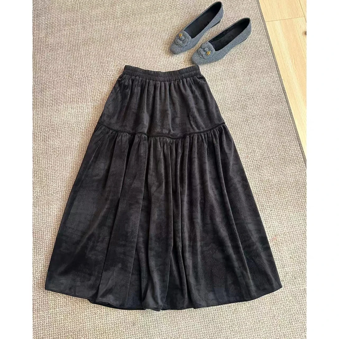 高腰松紧腰丝绒半裙拼接设计感宽松显瘦半裙 3370