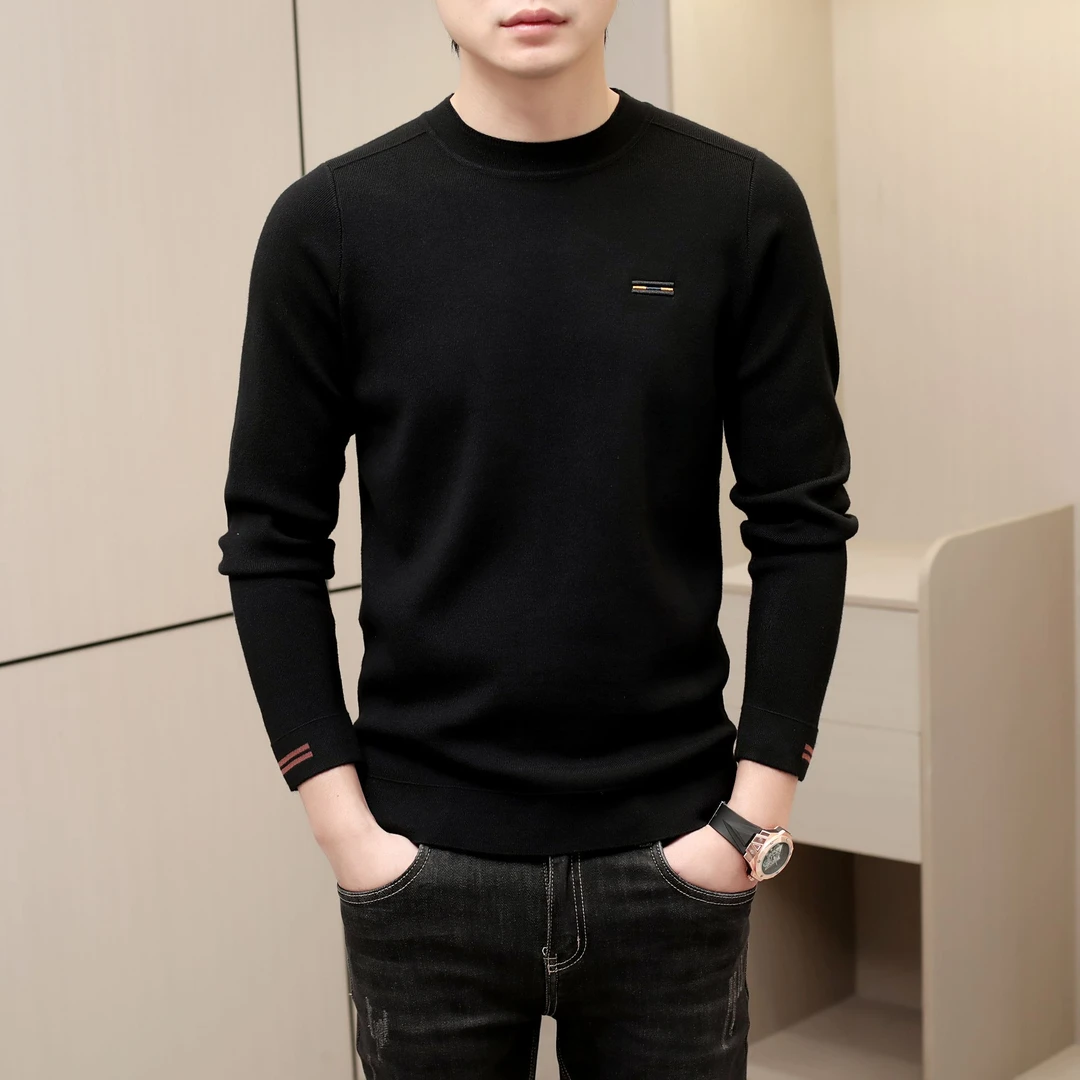 男士秋冬毛衣绣花简约纯色高品质商务潮流圆领针织加厚保暖打底衫