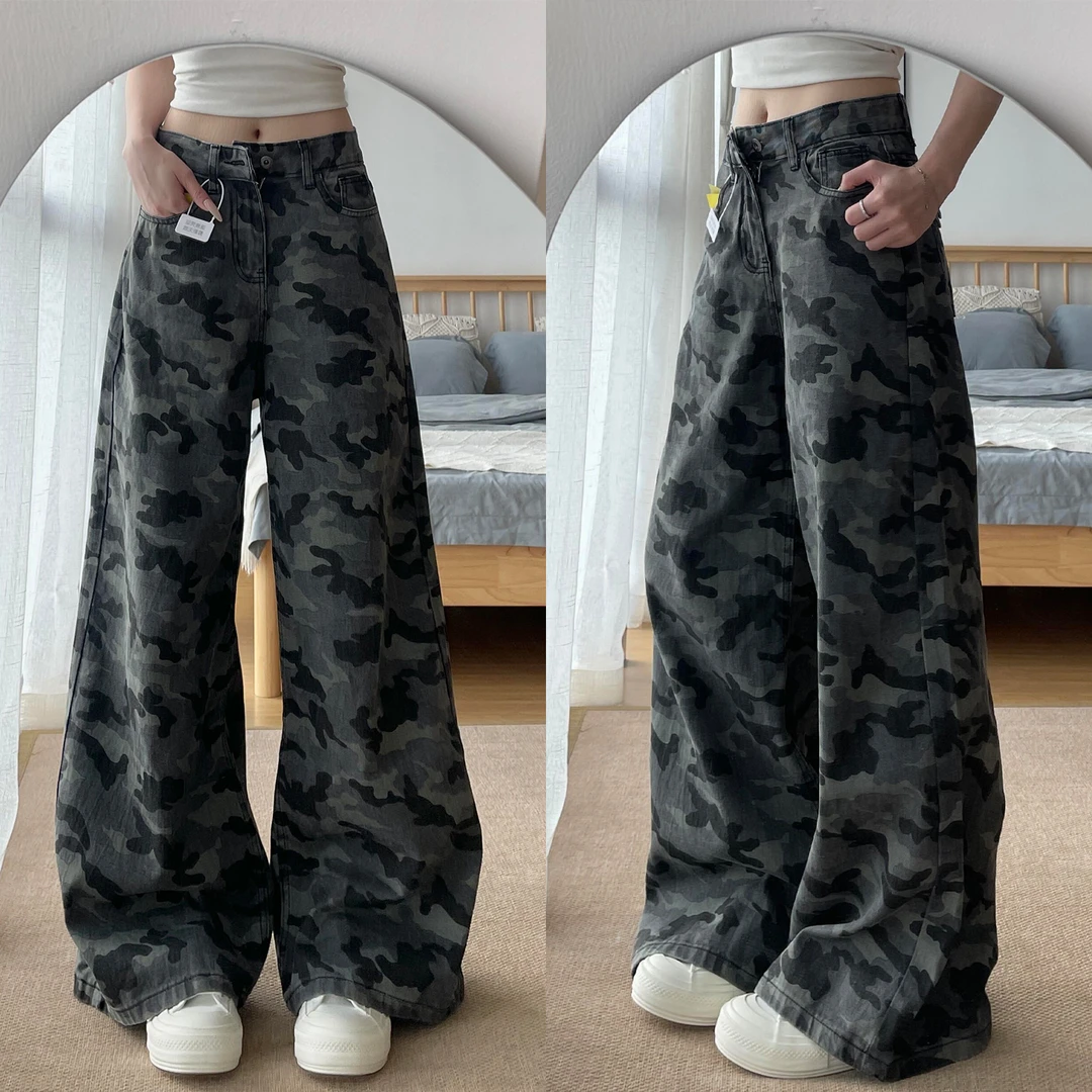 特大码女装街头风美式迷彩工装牛仔裤子女胖mm高腰遮胯显瘦阔腿裤