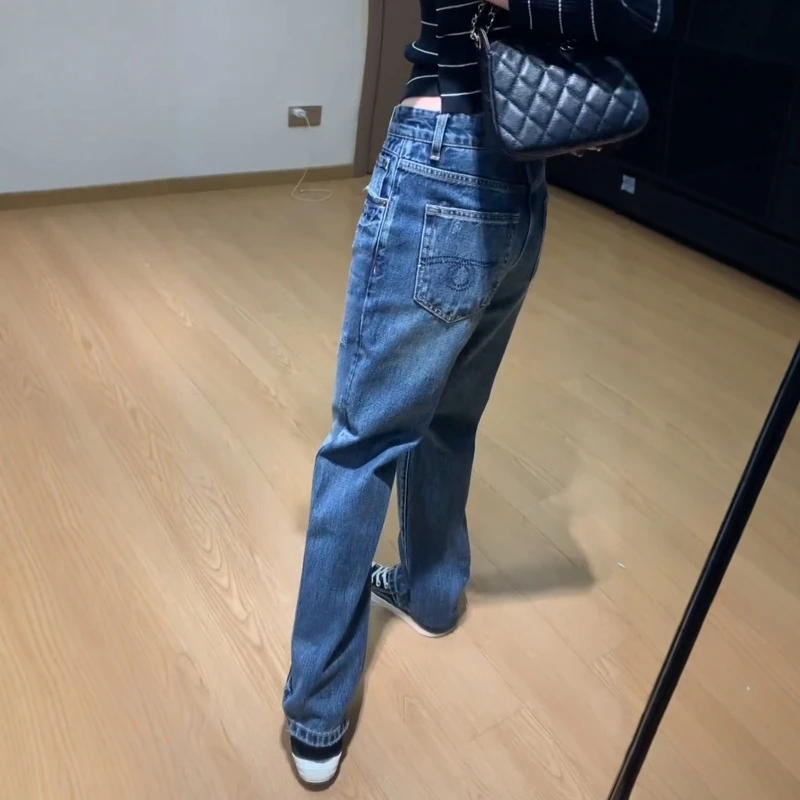 秋季新款极简风气质百搭窄版阔腿裤大码女装高腰显瘦牛仔直筒裤子