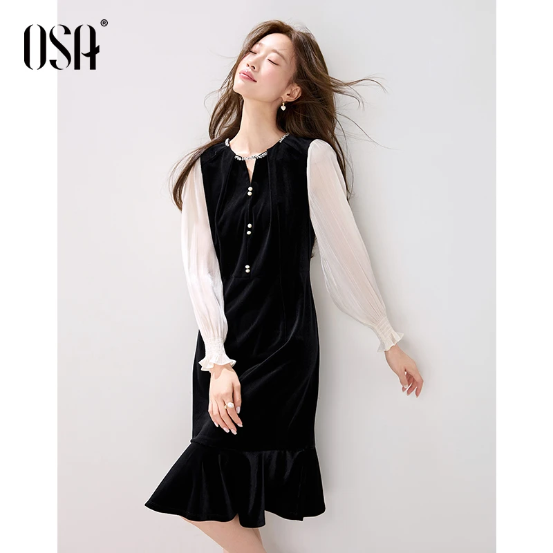 OSA/欧莎 赫本风假两件连衣裙女气质优雅约会鱼尾裙S125C13004
