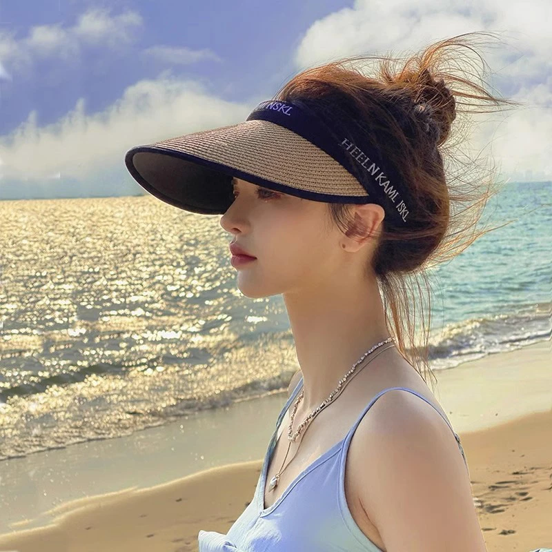 【大檐黑胶防晒帽】女款夏季防紫外线空顶帽骑行沙滩草编遮阳帽