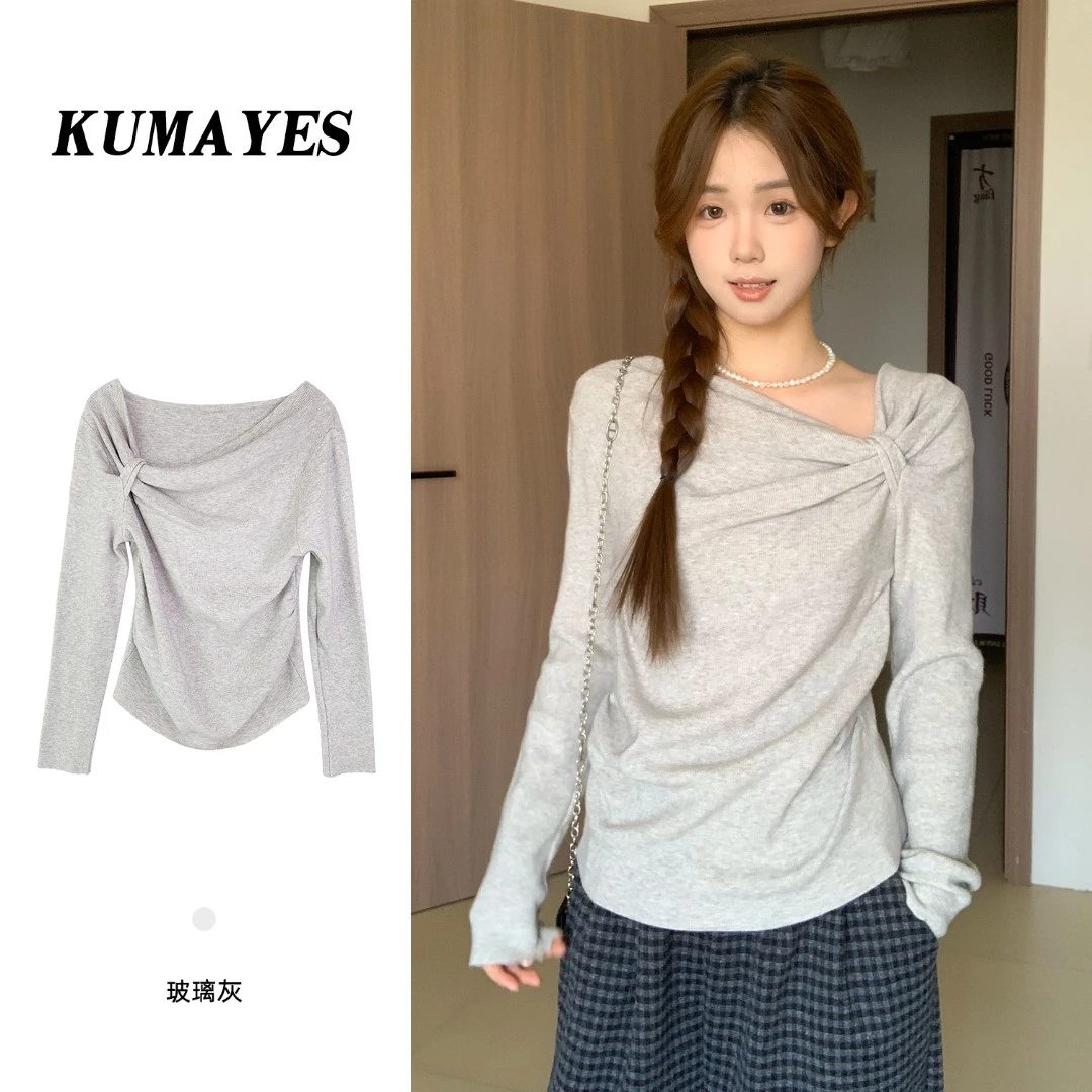KUMAYES 斜肩打结压褶修身显瘦长袖针织衫女别致套头短款内搭上衣