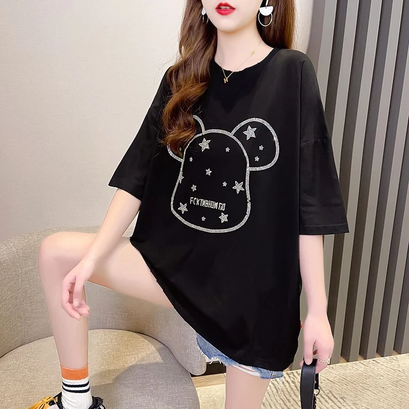 新款夏季韩版烫钻熊T恤中长款显瘦时尚半袖宽松洋气百搭休闲印花