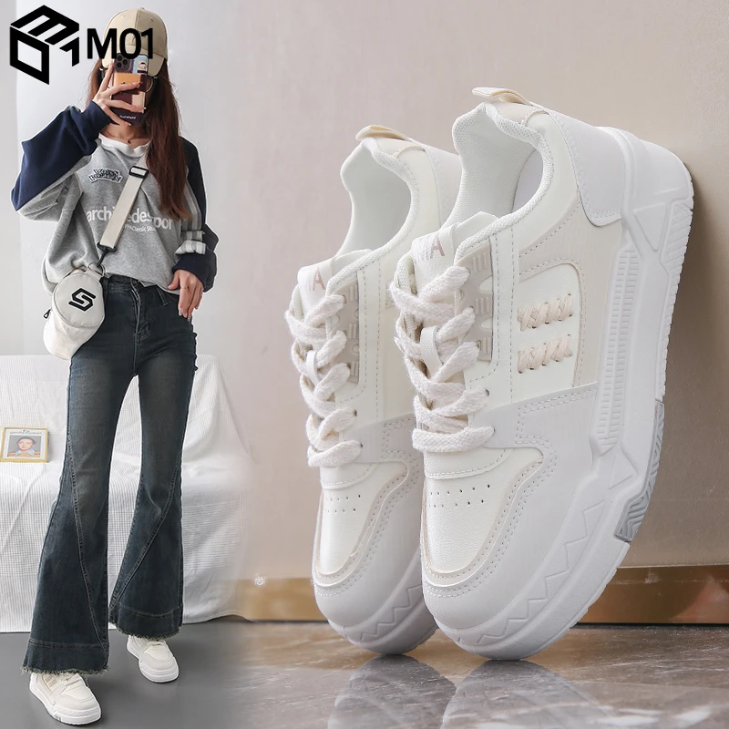M01踩屎感皮面小白鞋女款2025年新款春季休闲鞋防滑防水运动板鞋