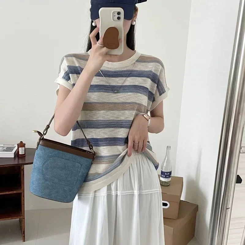 针织INS风条纹t恤百搭短裤阔腿裤时尚套装辣妹风韩版轻熟风显瘦