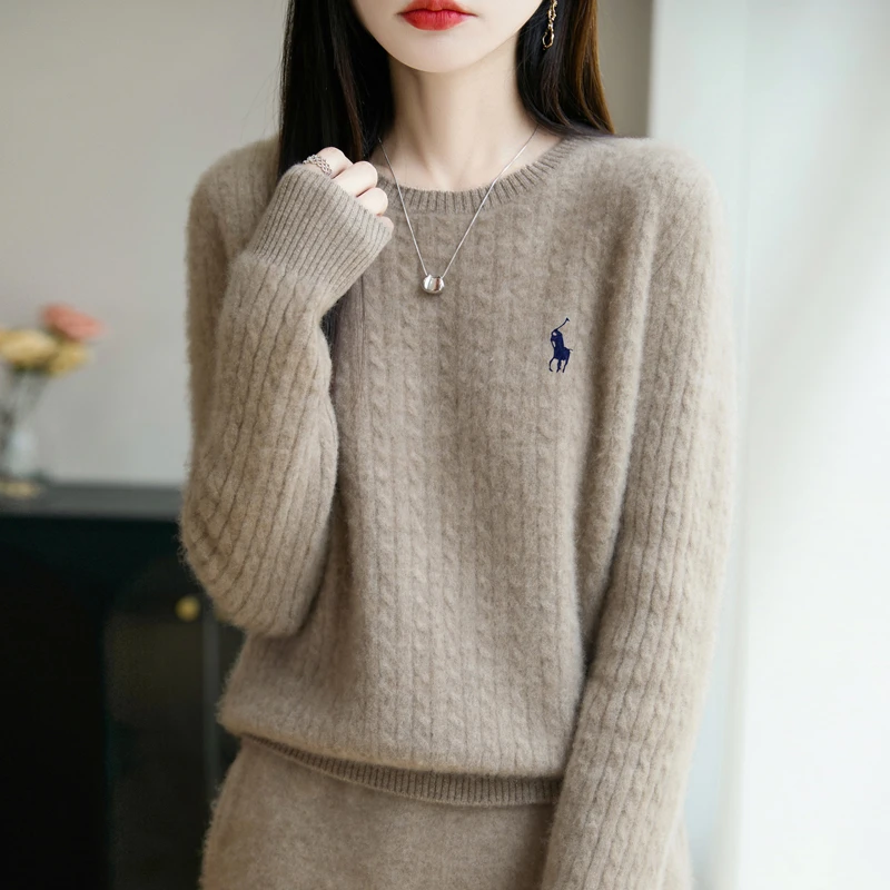 秋冬软糯刺绣100%纯羊毛套头麻花内搭针织衫毛衣宽松打底衫上衣暖