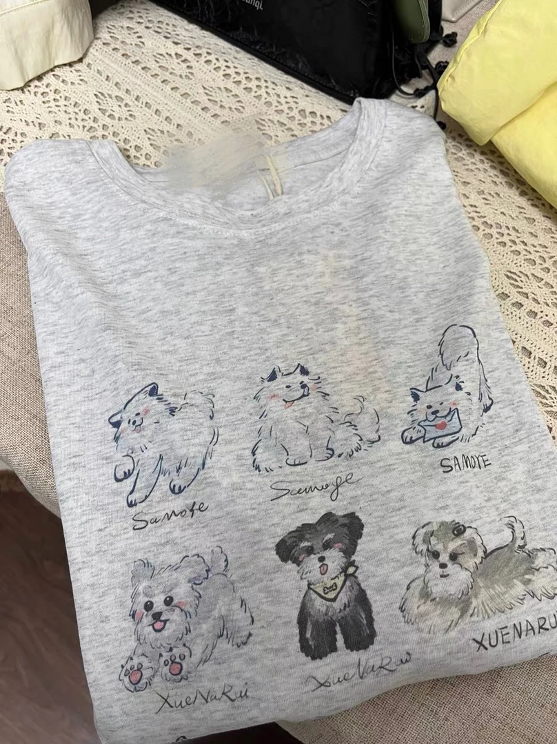 夏日简约舒适超轻薄雪花棉绘画小狗印花T