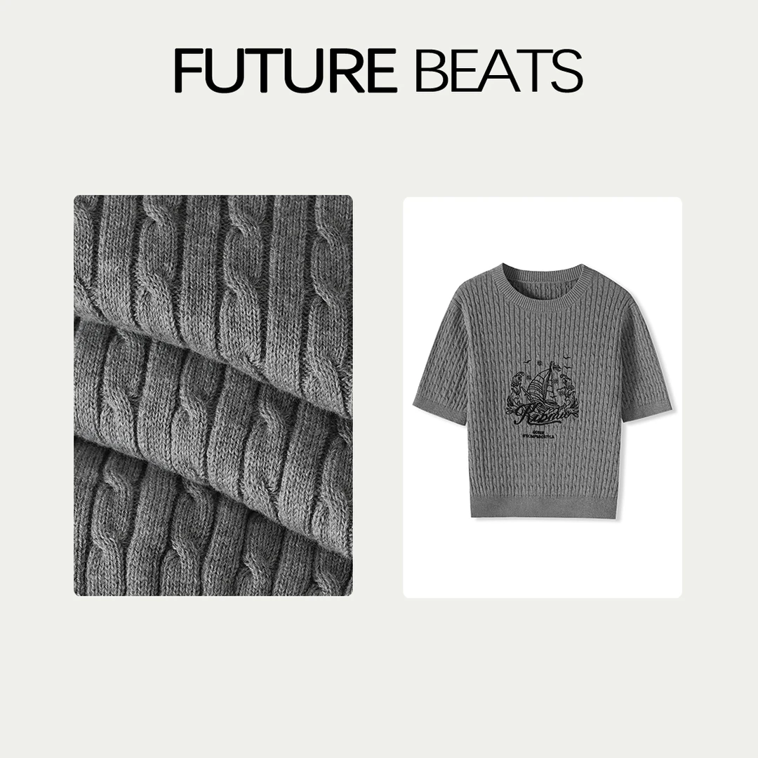 FUTURE BEATS春季扭花针织学院名媛风小帆船刺绣百搭圆领短袖