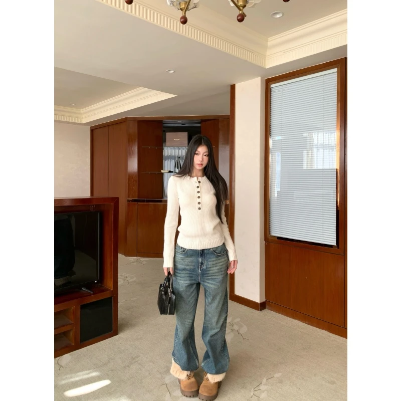 withmin凉皮 秋冬季水洗折痕设计感直筒显瘦拖地牛仔裤2525271