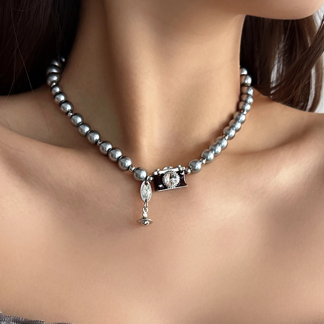 合金亚克力项链 X5219-1欧美小众精致高级感相机珠珠项链时尚百搭