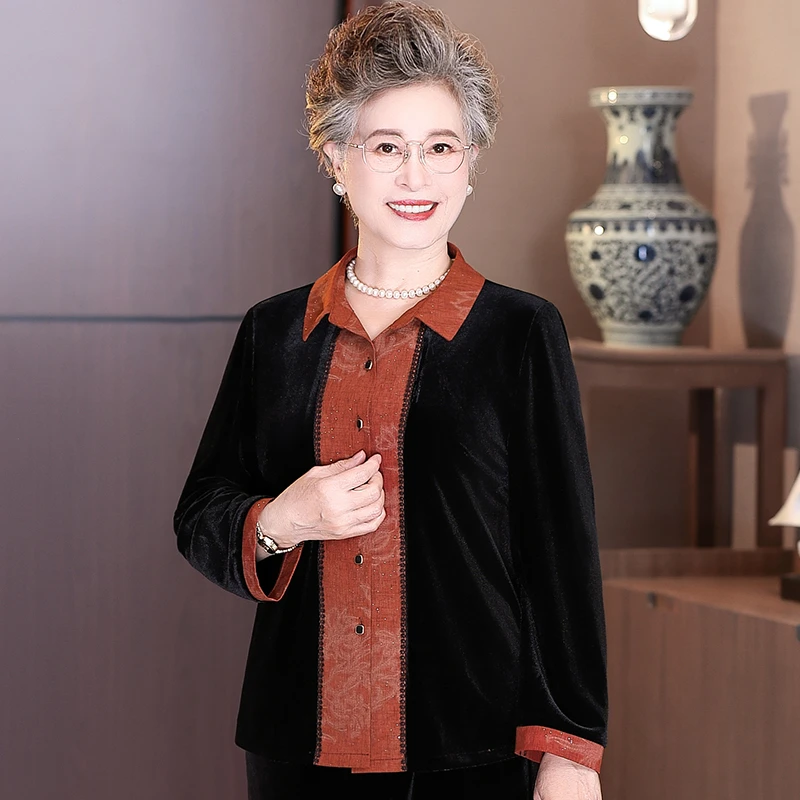 中老年妈妈女秋季高档翻领金丝绒衬衫60岁老人奶奶太太秋装衣服