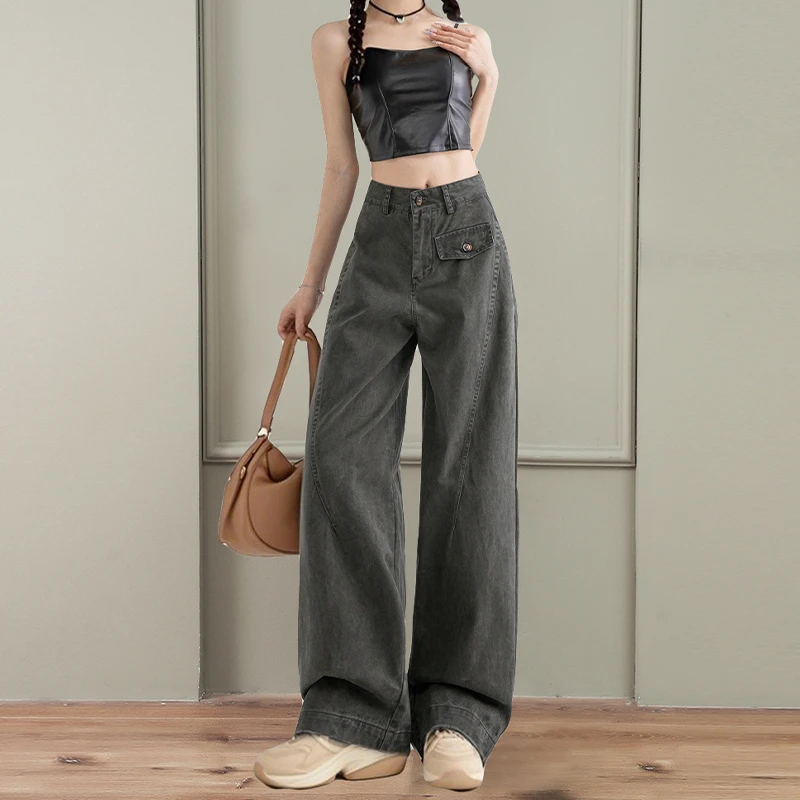 美式复古军绿工装牛仔裤女爆款2025年春季新款时尚高腰直筒阔腿裤