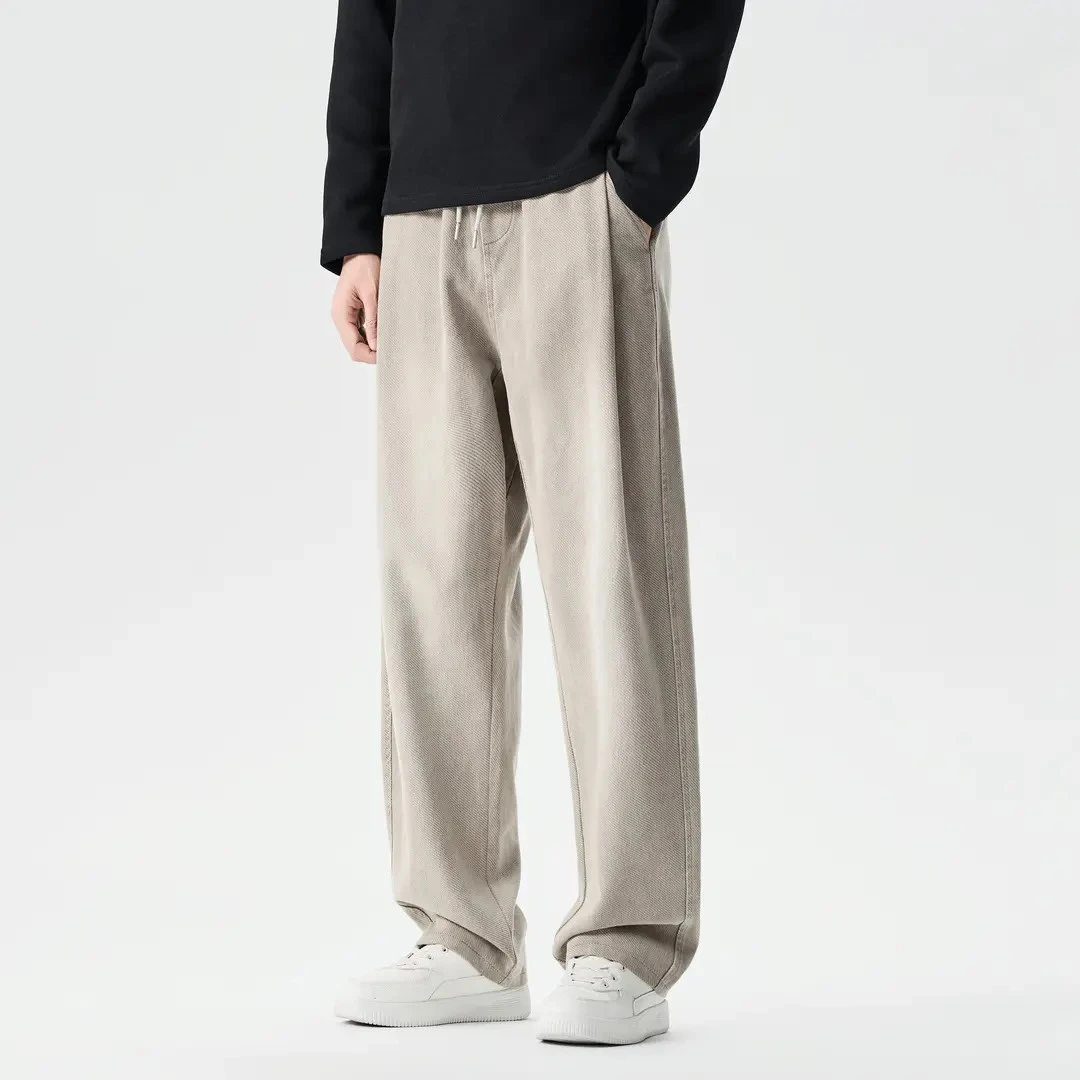 冬季新款莱赛尔斜纹牛仔裤男美式百搭复古水洗直筒裤加绒休闲男裤