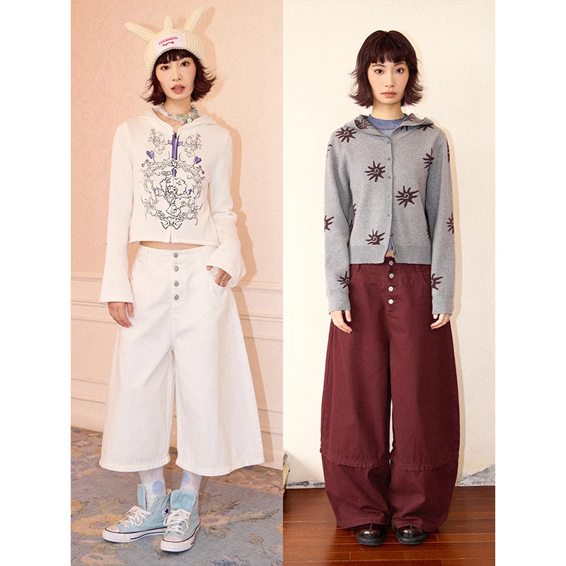 化学少女「她」排扣纯色洗褪阔腿弯刀裤