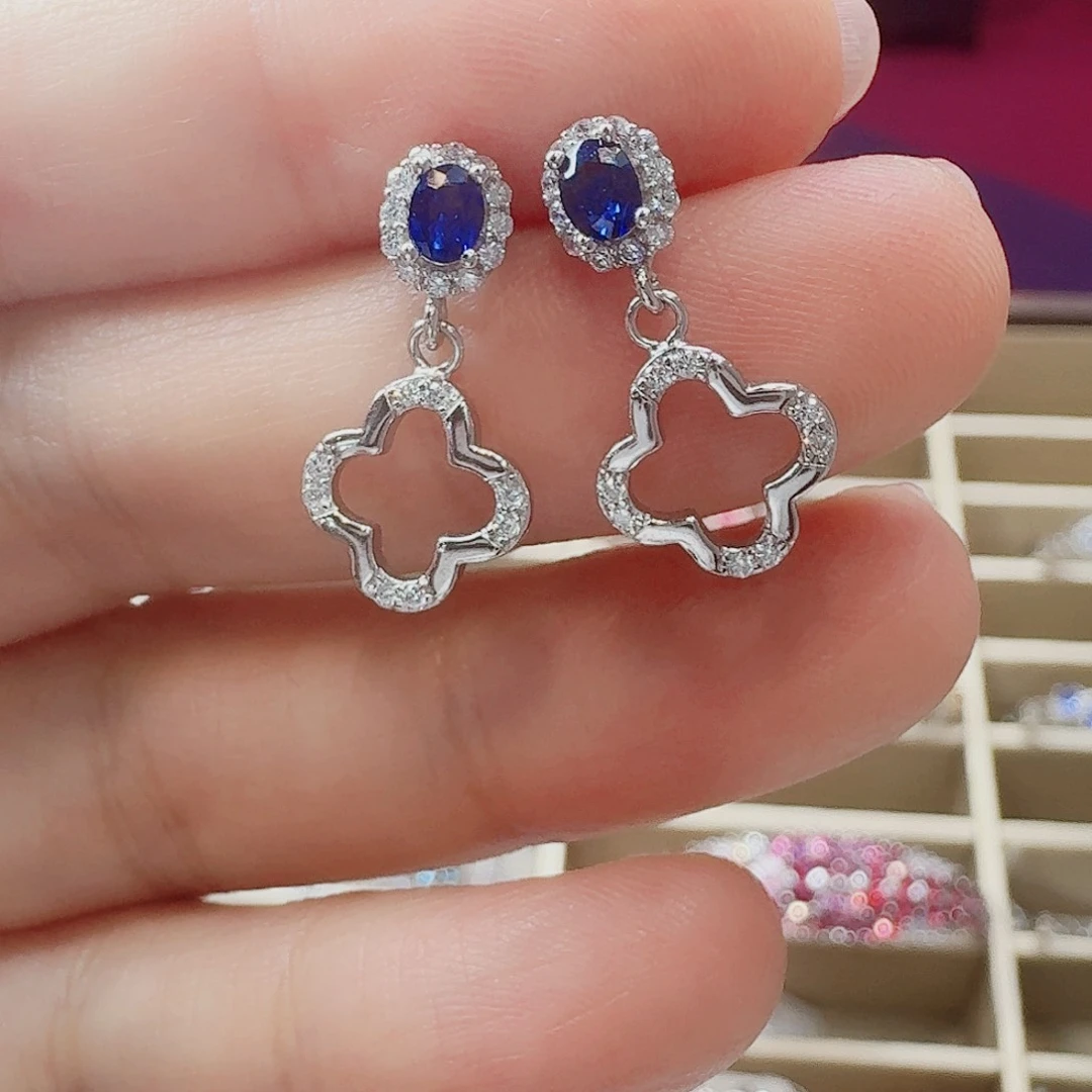 蓝宝石耳饰银S925镶嵌