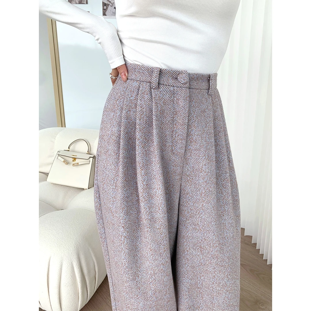 【五折清仓no退no换】5O羊毛人字纹毛呢阔腿裤