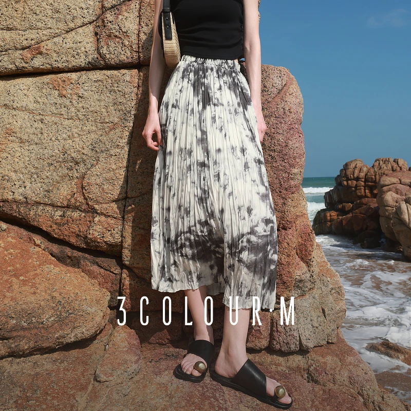 3693-W402F5009Q00三彩2025夏季新款水墨扎染半身裙松紧高dbx