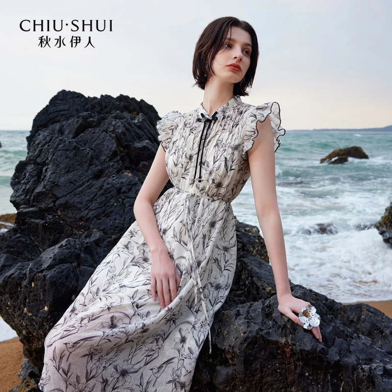 【小铃铛】秋水伊人新中式设计感清冷水墨连衣裙2024夏新款女复