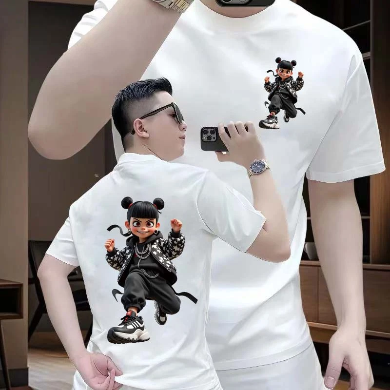 首夕夏季新款重磅纯棉短袖个性创意国潮哪吒印花国风T恤宽松上衣