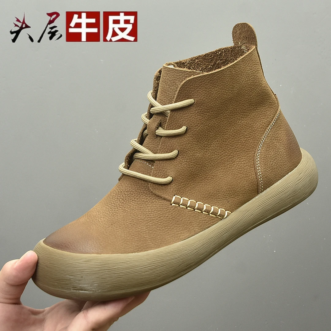 2025新款大头鞋头层牛皮透气皮鞋复古男士系带软皮软底工装男靴