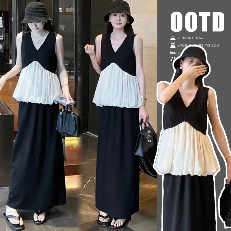 时髦孕妇装新款显瘦网红外穿宽松时尚假两件无袖韩版洋气拼接套装