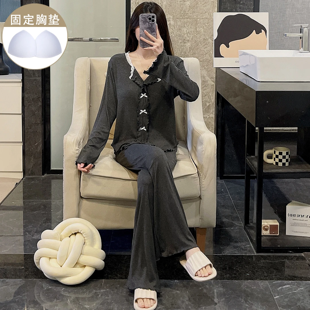 韩系风睡衣女新款灰色蝴蝶结莫代尔简约长袖长裤春秋季家居服套装