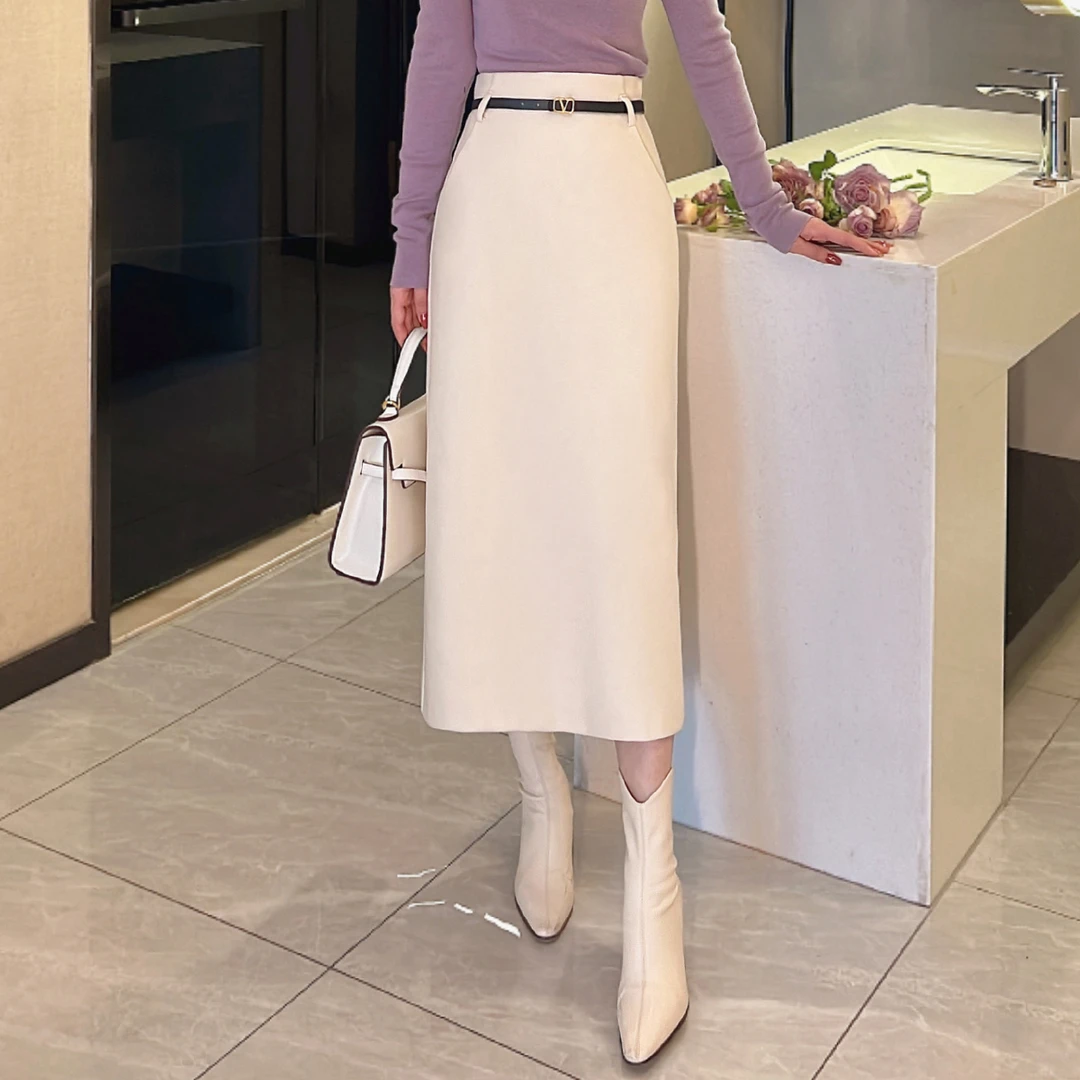 毛呢半身裙女秋冬新款高腰显瘦口袋直筒裙气质长裙a字包臀裙28189