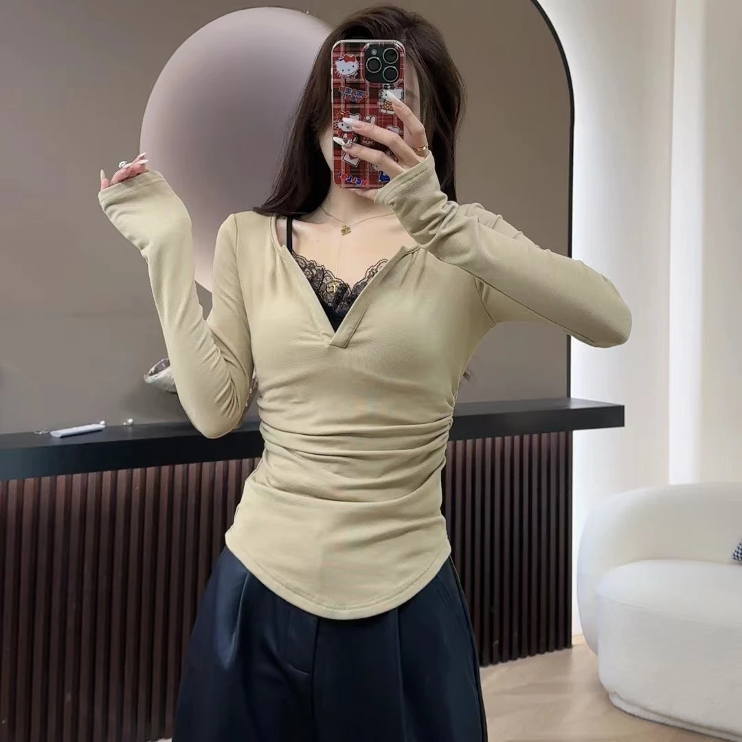 修身v领内搭长袖t恤收腰显瘦纯欲加绒打底衫上衣7029春季